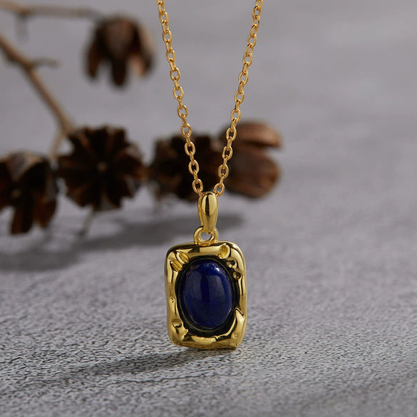 Wholesale Women's Jewelry 925 Sterling Silver Geometric Art Box Pendant Set With Gems Malachite Lapis Gold Tiger Eye Necklace Light Luxury Retro Style