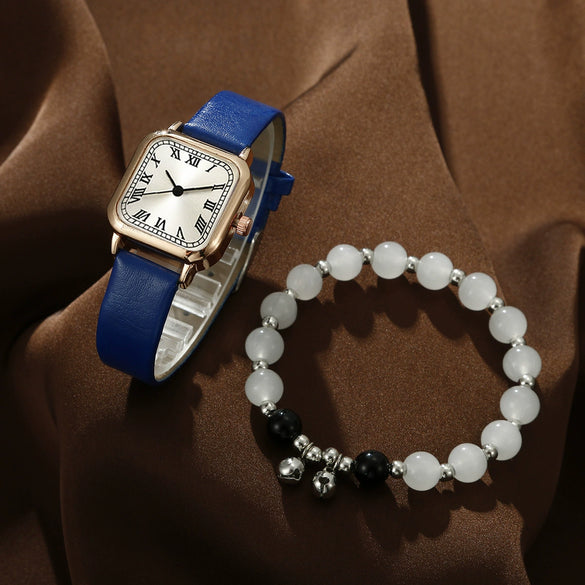 Wholesale Women's Jewelry Suit Alloy Case Imitation Leather Strap Square Dial Pointer Roman Scale Design