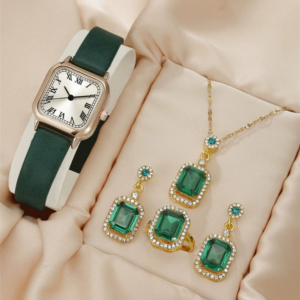 Wholesale Women's Jewelry Suit Alloy Case Imitation Leather Strap Square Dial Pointer Roman Scale Design