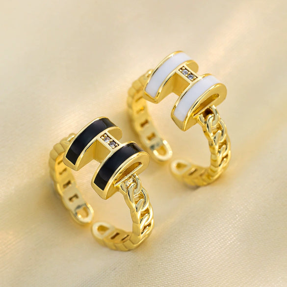 Wholesale Women's Jewelry Trendy Black H Ring Hollow Titanium Steel Jewelry With Diamond Design And Vacuum Furnace Electroplating