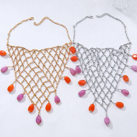 Wholesale Women's Jewelry Zinc Alloy Geometric Pendant Multilayer Necklace With Mixed Gemstone Setting And Electroplating