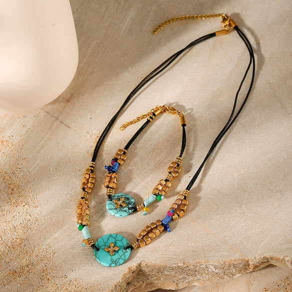 Wholesale Women's 18K Electroplated Natural Stone Turquoise Pendant Necklace With Rubber Band Chain