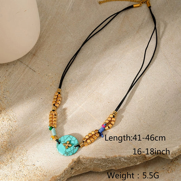 Wholesale Women's 18K Electroplated Natural Stone Turquoise Pendant Necklace With Rubber Band Chain