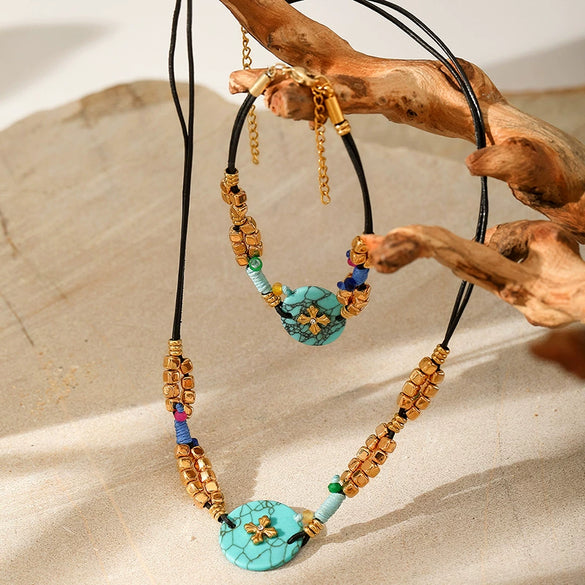 Wholesale Women's 18K Electroplated Natural Stone Turquoise Pendant Necklace With Rubber Band Chain