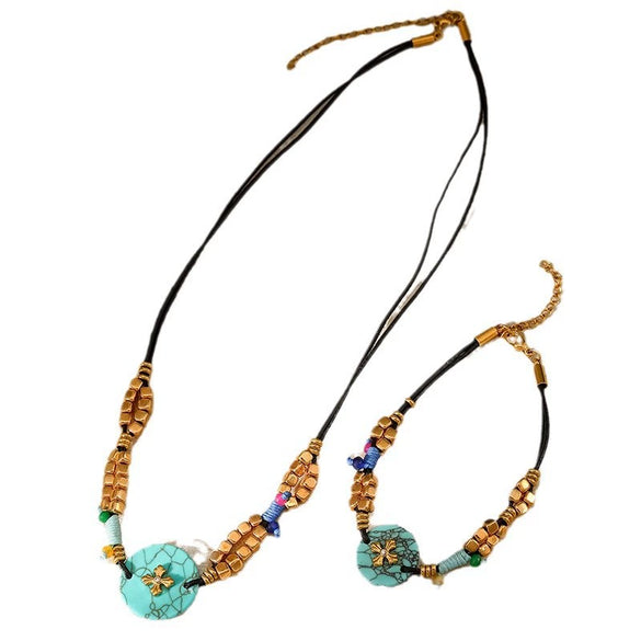 Wholesale Women's 18K Electroplated Natural Stone Turquoise Pendant Necklace With Rubber Band Chain