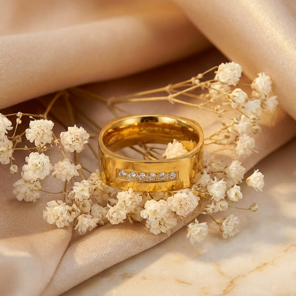 Wholesale Women's 18K Gold Electroplated Light Luxury Square Ring With Row Of Diamonds Faceted Design Business Style