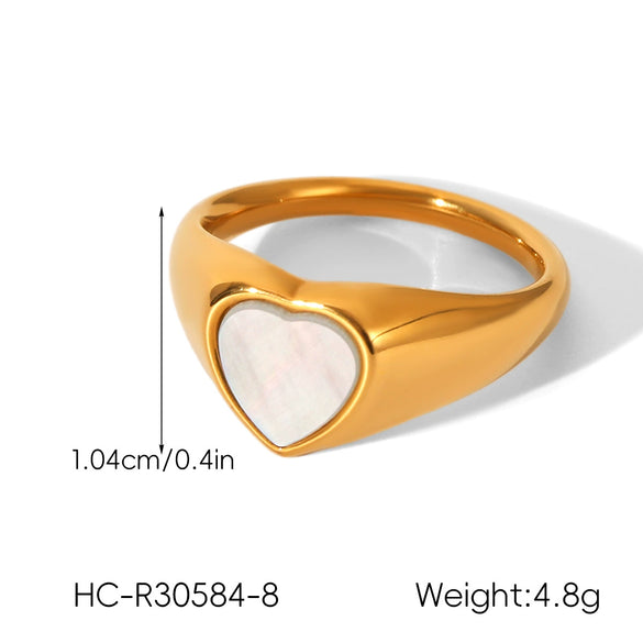 Wholesale Women's 18K Gold Electroplated Stainless Steel Ring With Heart Drop Geometric Shapes And Inlaid White Shell Tiger Eye Stone