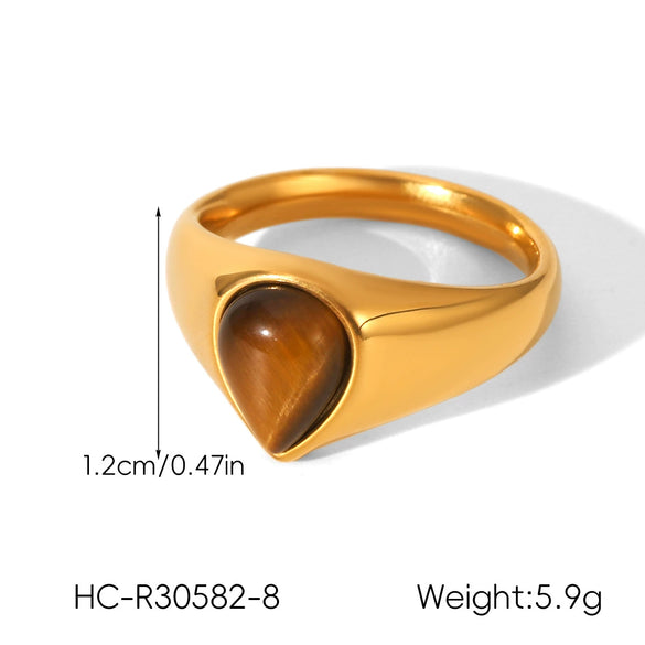 Wholesale Women's 18K Gold Electroplated Stainless Steel Ring With Heart Drop Geometric Shapes And Inlaid White Shell Tiger Eye Stone