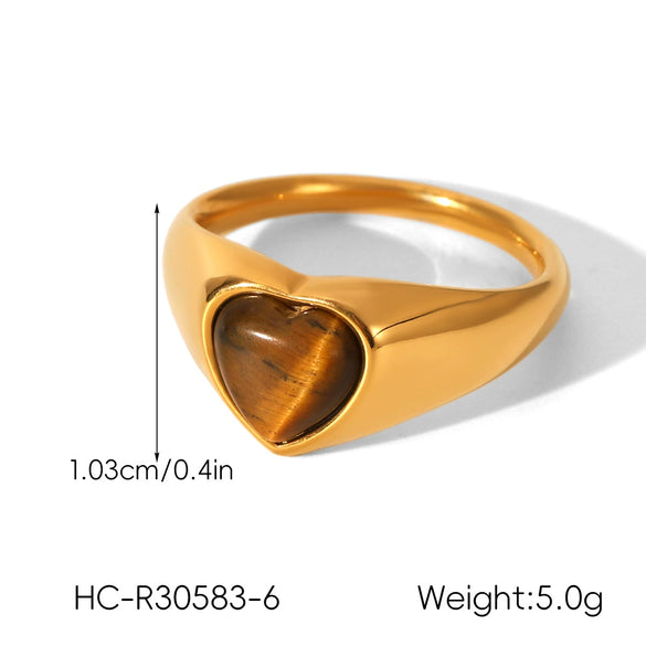 Wholesale Women's 18K Gold Electroplated Stainless Steel Ring With Heart Drop Geometric Shapes And Inlaid White Shell Tiger Eye Stone