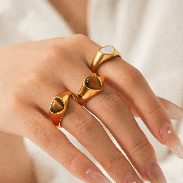 Wholesale Women's 18K Gold Electroplated Stainless Steel Ring With Heart Drop Geometric Shapes And Inlaid White Shell Tiger Eye Stone