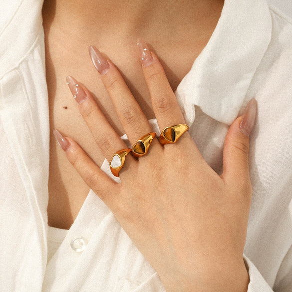 Wholesale Women's 18K Gold Electroplated Stainless Steel Ring With Heart Drop Geometric Shapes And Inlaid White Shell Tiger Eye Stone