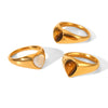 Wholesale Women's 18K Gold Electroplated Stainless Steel Ring With Heart Drop Geometric Shapes And Inlaid White Shell Tiger Eye Stone