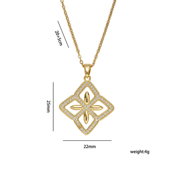 Wholesale Women's 18K Gold Plated Copper Zircon Rhombus Flower O Word Chain Necklace Light Luxury Jewelry