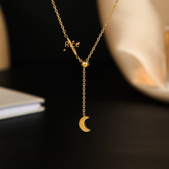 Wholesale Women's 14K Gold Plated Diamond Star Moon Titanium Steel Pendant Necklace