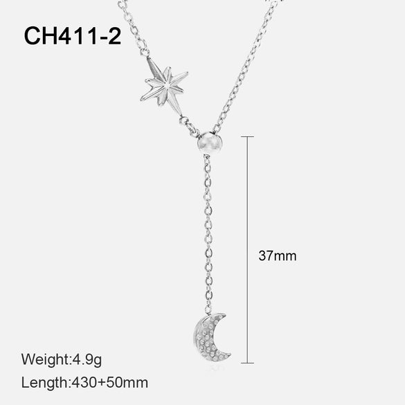 Wholesale Women's 14K Gold Plated Diamond Star Moon Titanium Steel Pendant Necklace
