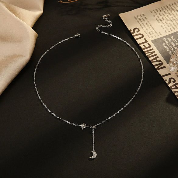 Wholesale Women's 14K Gold Plated Diamond Star Moon Titanium Steel Pendant Necklace