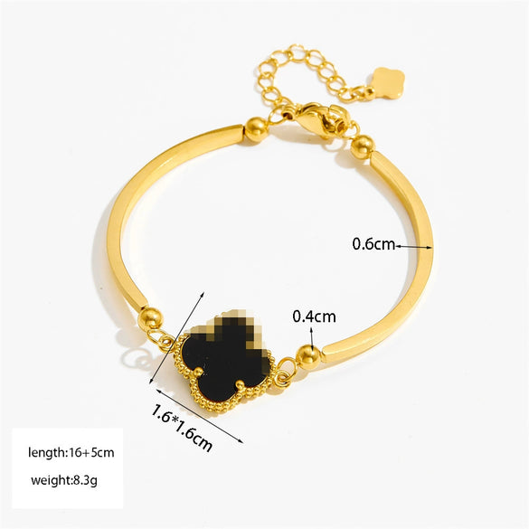 Wholesale Women's 18K Gold Plated Fourleaf Clover Titanium Steel Bracelet With Red Agate And Motherofpearl