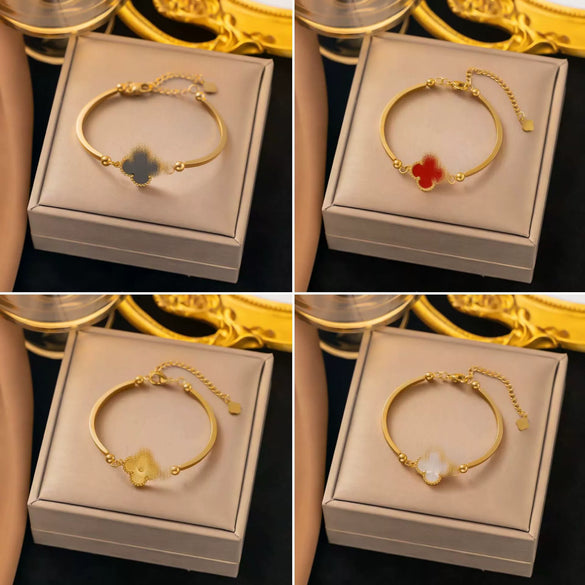 Wholesale Women's 18K Gold Plated Fourleaf Clover Titanium Steel Bracelet With Red Agate And Motherofpearl
