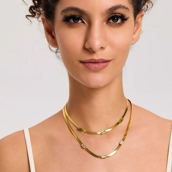 Wholesale Women's 18K Gold Plated Geometric Stainless Steel Zircon Flat Snake Chain Necklace