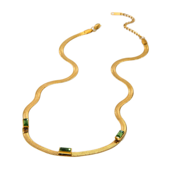 Wholesale Women's 18K Gold Plated Geometric Stainless Steel Zircon Flat Snake Chain Necklace