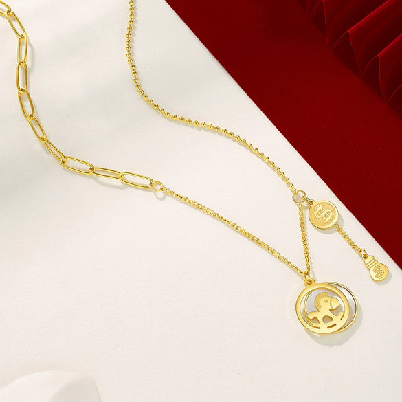 Wholesale Women's 24K Gold Plated Geometric Titanium Steel Round Pendant Clavicle Chain Necklace