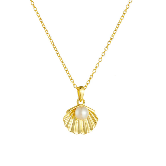 Wholesale Women's 14K Gold Plated S925 Sterling Silver Pearl Shell Diamond Design Cross Chain Clavicle Necklace
