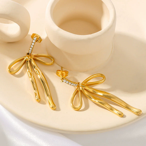 Wholesale Women's 18K Gold Plated Stainless Steel Bow Pendant Earrings With Geometric Styling And Electroplating Treatment