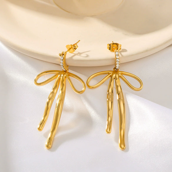 Wholesale Women's 18K Gold Plated Stainless Steel Bow Pendant Earrings With Geometric Styling And Electroplating Treatment