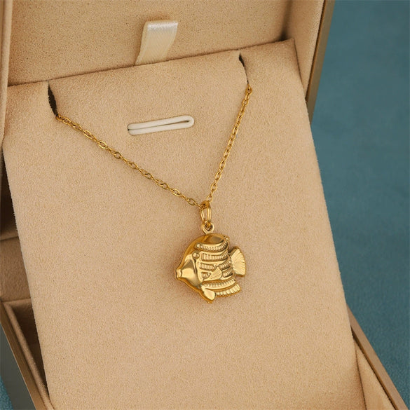 Wholesale Women's 18K Gold Plated Stainless Steel Geometric Minimalist Tropical Fish Pendant Cross Chain Necklace