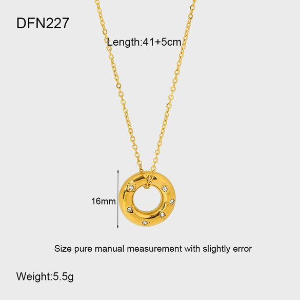 Wholesale Women's 18K Gold Plated Stainless Steel Geometric Necklace With Inlaid Zircon And Hollow Ring Pendant