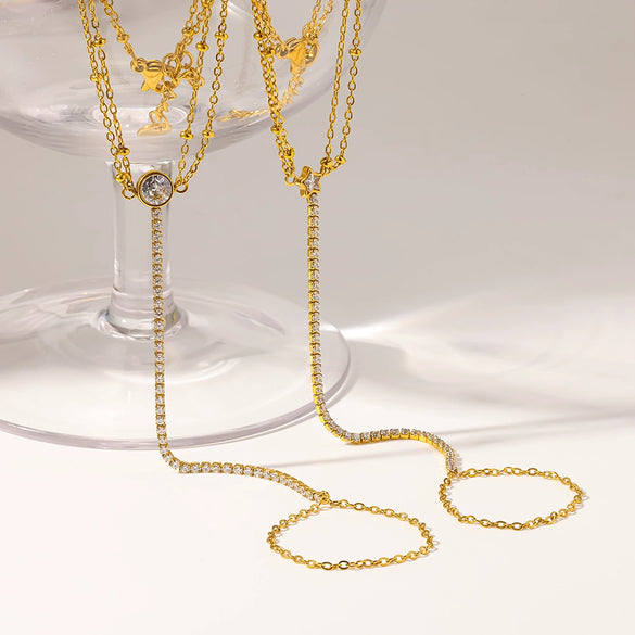 Wholesale Women's 18K Gold Plated Stainless Steel Geometric Star Tennis Chain Wrist Chain Fingerlinked Bracelet Jewelry