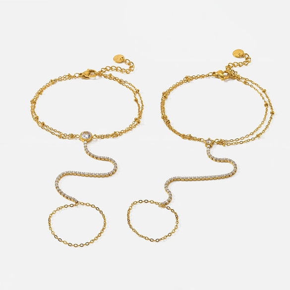 Wholesale Women's 18K Gold Plated Stainless Steel Geometric Star Tennis Chain Wrist Chain Fingerlinked Bracelet Jewelry