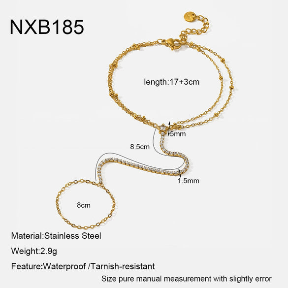 Wholesale Women's 18K Gold Plated Stainless Steel Geometric Star Tennis Chain Wrist Chain Fingerlinked Bracelet Jewelry