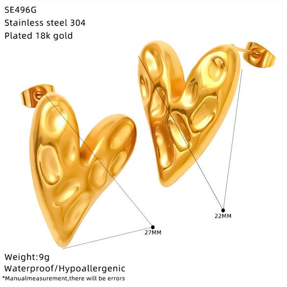 Wholesale Women's 18K Gold Plated Titanium Steel Heart Shape Bow Hammer Pattern Earrings