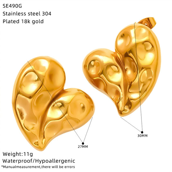 Wholesale Women's 18K Gold Plated Titanium Steel Heart Shape Bow Hammer Pattern Earrings