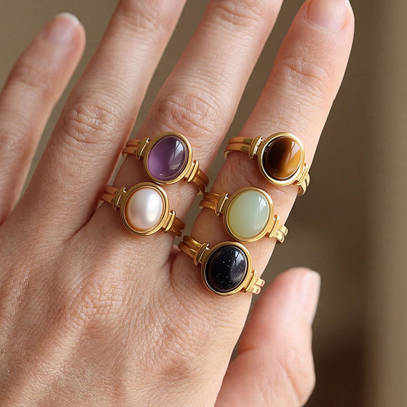 Wholesale Women's 18K Goldplated Stainless Steel Geometric Gemstone Open Ring Stackable Niche Design