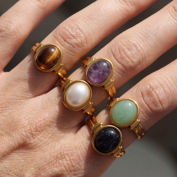 Wholesale Women's 18K Goldplated Stainless Steel Geometric Gemstone Open Ring Stackable Niche Design