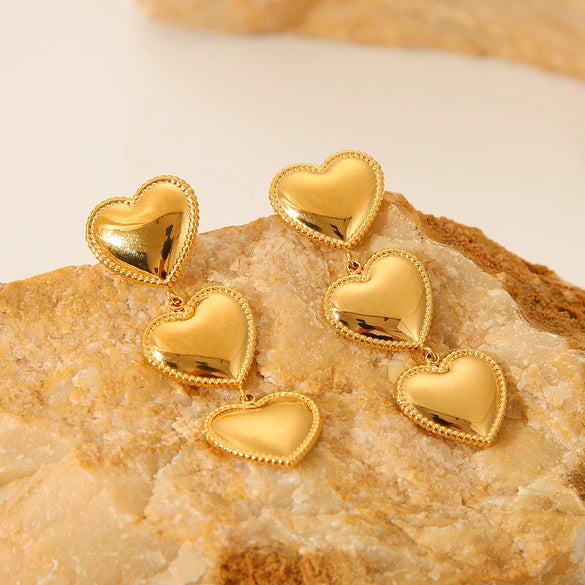 Wholesale Women's 18K Goldplated Stainless Steel Geometric Heart Love Tassel Threelayer Trim Earrings