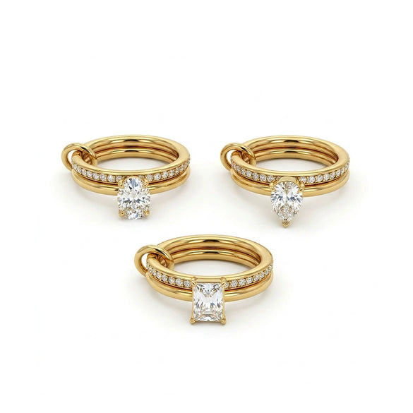 Wholesale Women's 18K Goldplated Titanium Steel Doublering Diamondset Ring Set With Three Main Diamond Types