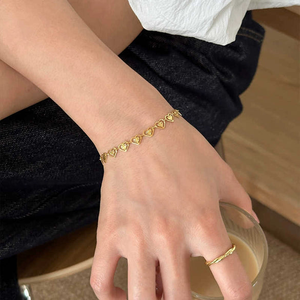 Wholesale Women's 18K Real Gold Plated Titanium Steel Bracelet With Heart Shape Flowers Diamond Geometric Letters Numbers Text Patterns