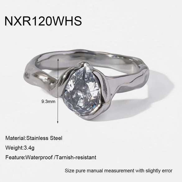 Wholesale Women's Lava Texture Water Drop Zircon 18K Goldplated Stainless Steel Ring