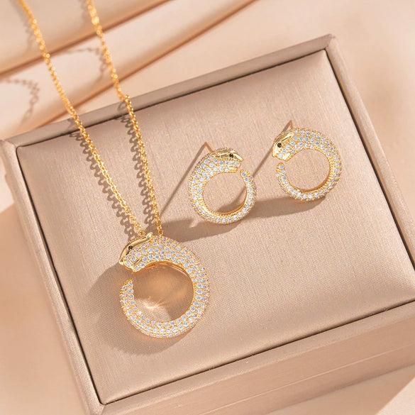 Wholesale Women's Leopard Pattern Light Luxury Style Electroplated Environmentally Friendly Copper Earrings And Necklaces Set