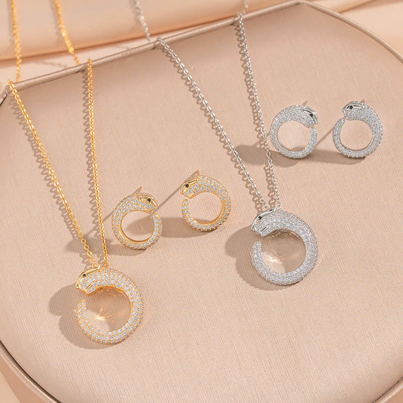 Wholesale Women's Leopard Pattern Light Luxury Style Electroplated Environmentally Friendly Copper Earrings And Necklaces Set