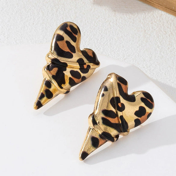 Wholesale Women's Leopard Print Geometric Heartshaped Alloy Stainless Steel Electroplated Earrings