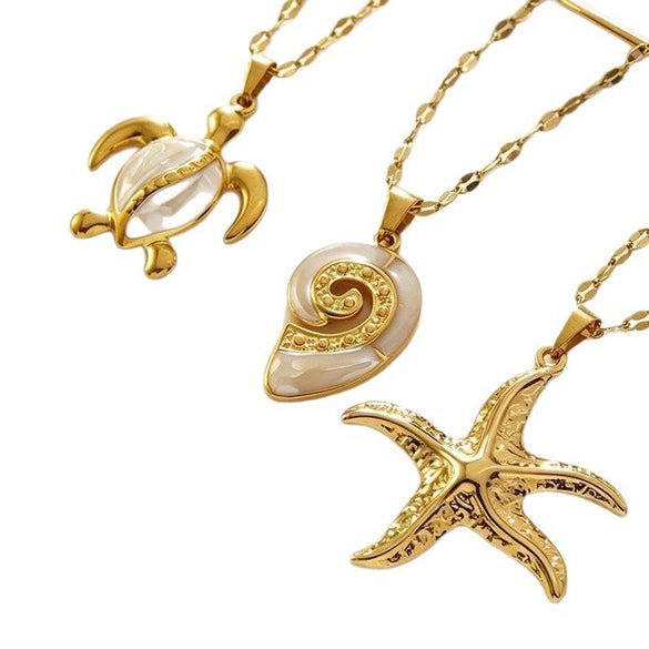 Wholesale Women's Light Luxury Animal Shaped Stainless Steel Electroplated Corn Chain Pendant Necklace With Starfish And Conch
