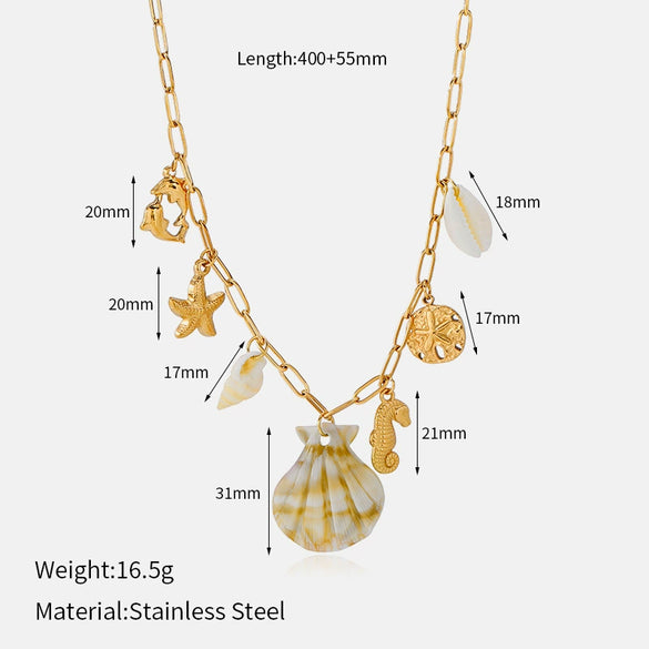 Wholesale Women's Light Luxury Animal Zodiac 18K Real Gold Plated Stainless Steel Necklace With Shell Starfish Pendant