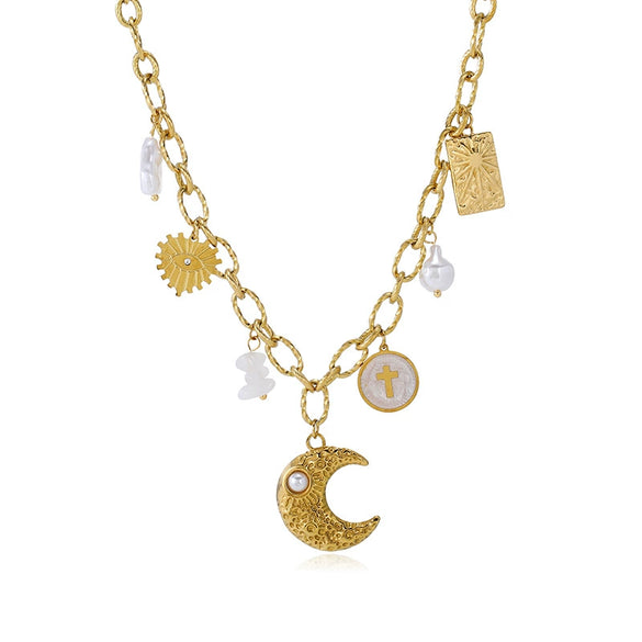 Wholesale Women's Light Luxury Animal Zodiac 18K Real Gold Plated Stainless Steel Necklace With Shell Starfish Pendant