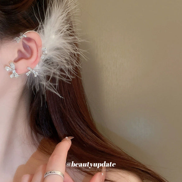Wholesale Women's Light Luxury Bow Feather Handmade Ear Bone Clip Earrings