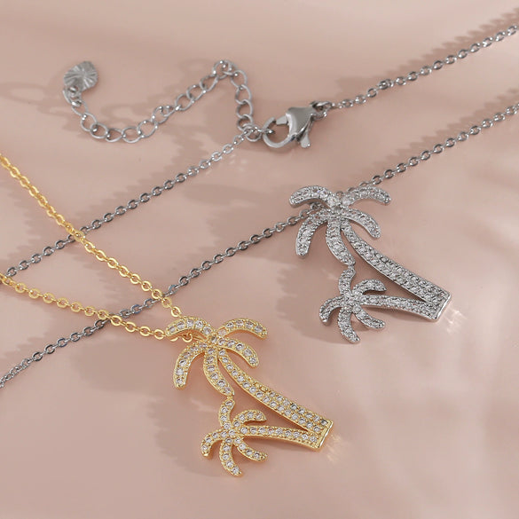 Wholesale Women's Light Luxury Coconut Tree Leaf Pattern Copper Clavicle Chain Necklace With Electroplating