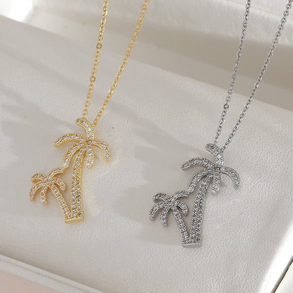 Wholesale Women's Light Luxury Coconut Tree Leaf Pattern Copper Clavicle Chain Necklace With Electroplating
